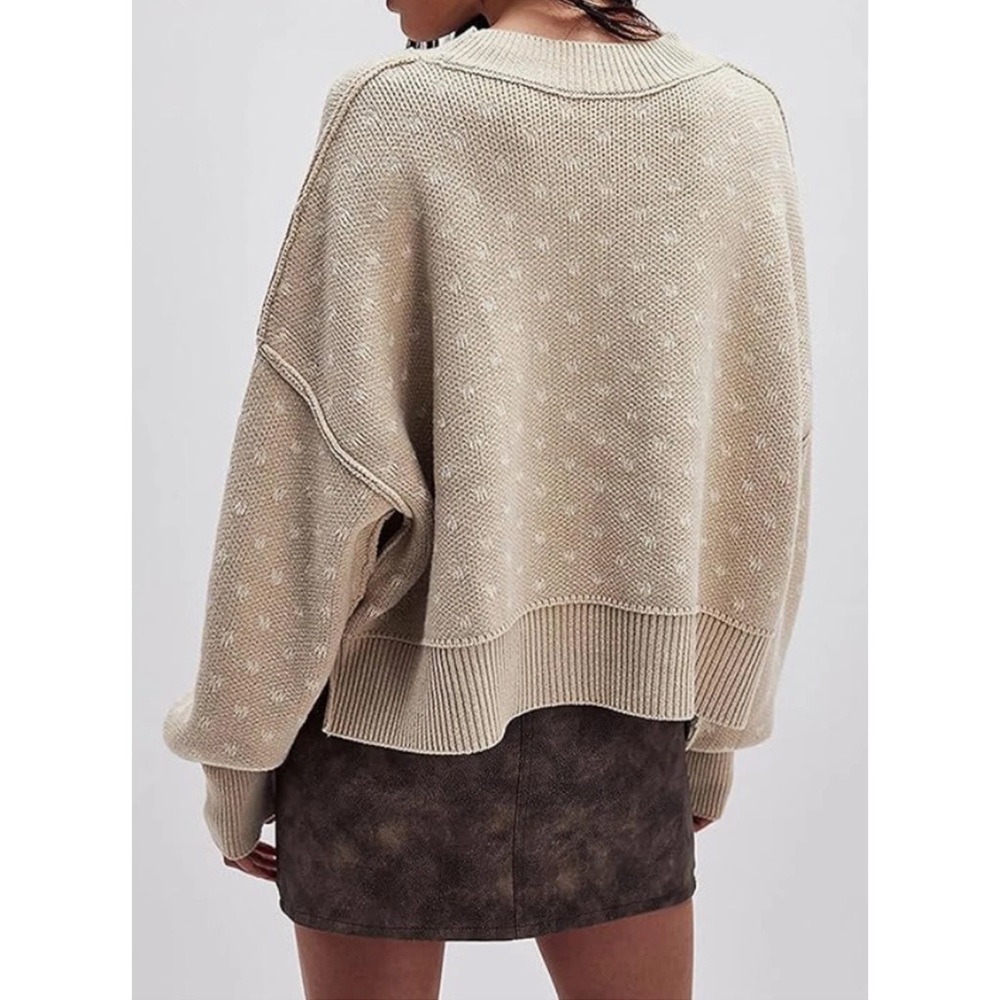NWT Free People Easy Street Patterned Crop Sweater Hearts Beige Tan - Picture 2 of 11